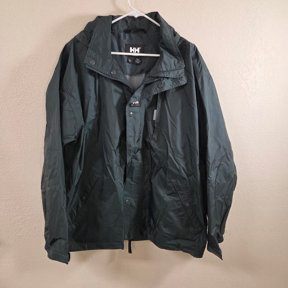Helly Hansen Mens Large Packable Rain Jacket Hooded Windbreaker Dark Green HH